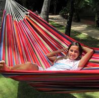 Hammock of durable fabric, striped red Mexico design. No. FG487