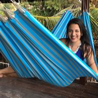 Formosa PRO Outdoor hammock. Outdoor fabric hammock in turquoise and gray stripes.