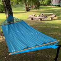 Outdoor Trendy Hammock with spreader bar and casual garden Look with turquoise and gray stripes