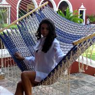 Hammock in natural white and blue cotton net with details and handwork